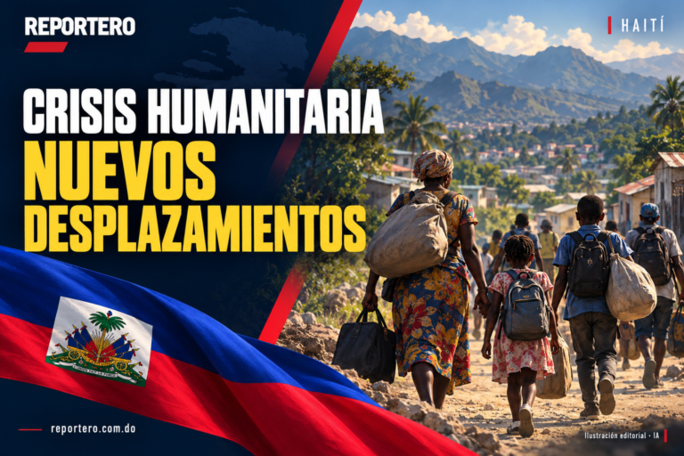 Ilustración editorial generada con IA sobre los desplazamientos en Haití, con el titular Crisis humanitaria: nuevos desplazamientos.