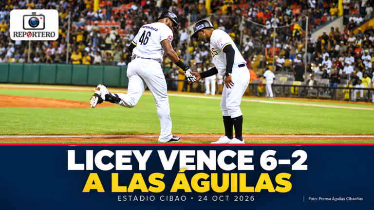 Portada de Reportero sobre el triunfo del Licey 6–2 ante las Águilas; fotografía de jugadores aguiluchos difundida por Prensa Águilas.