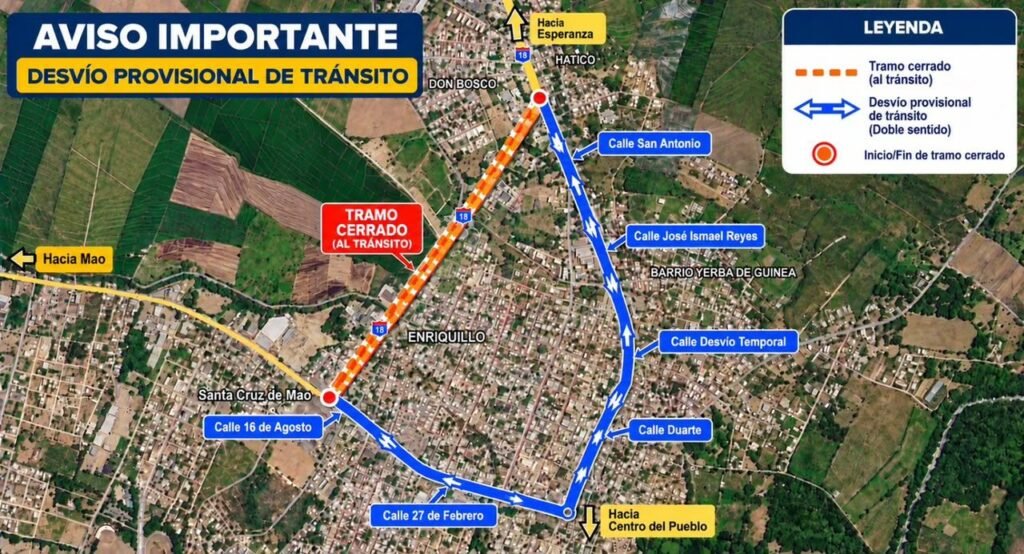 Mapa oficial del MOPC con el tramo cerrado y los desvíos en la avenida Benito Monción de Mao.